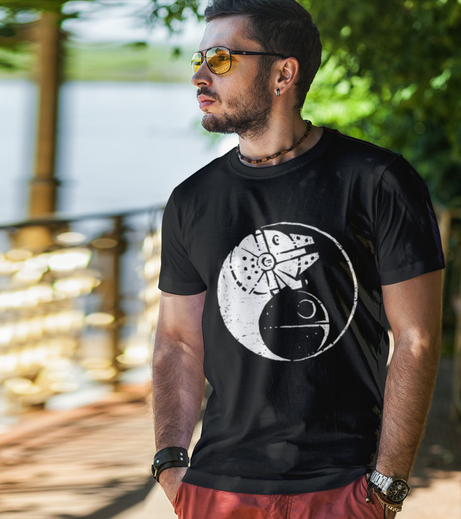 Millennium Falcon And Death Star Yin Yang Balancing The Force T-Shirt