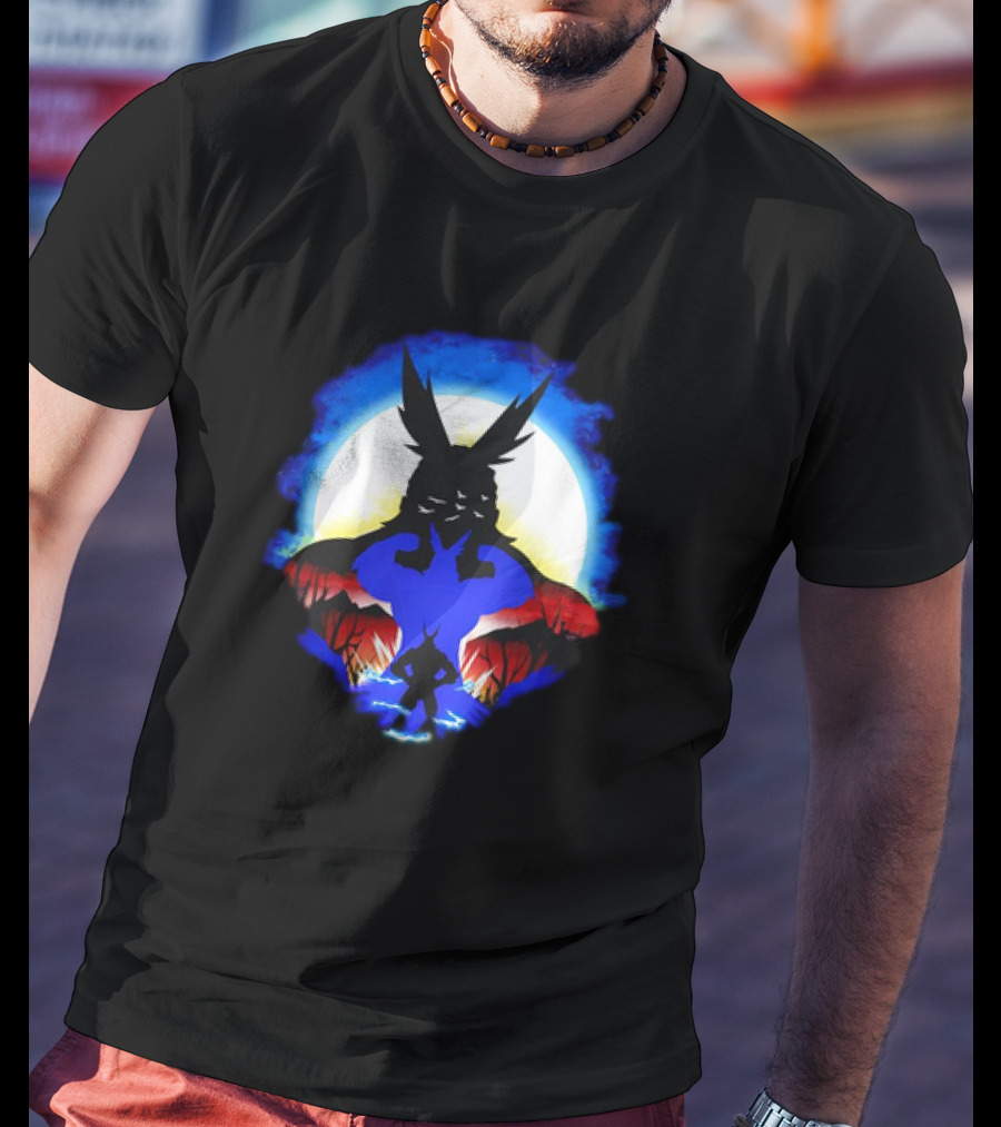 Midoriya And All Might Heroic Silhouettes In Vibrant Night Landscape T-Shirt