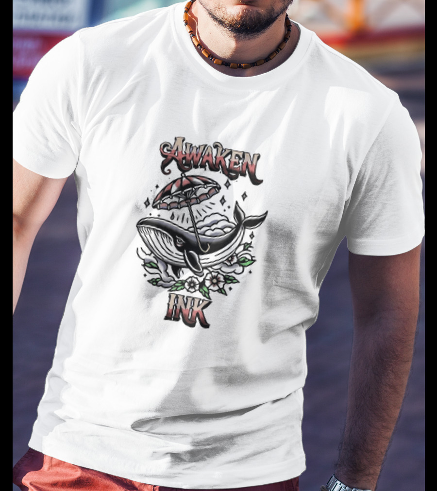Awaken Ink Whale With Umbrella And Flowers T-Shirt