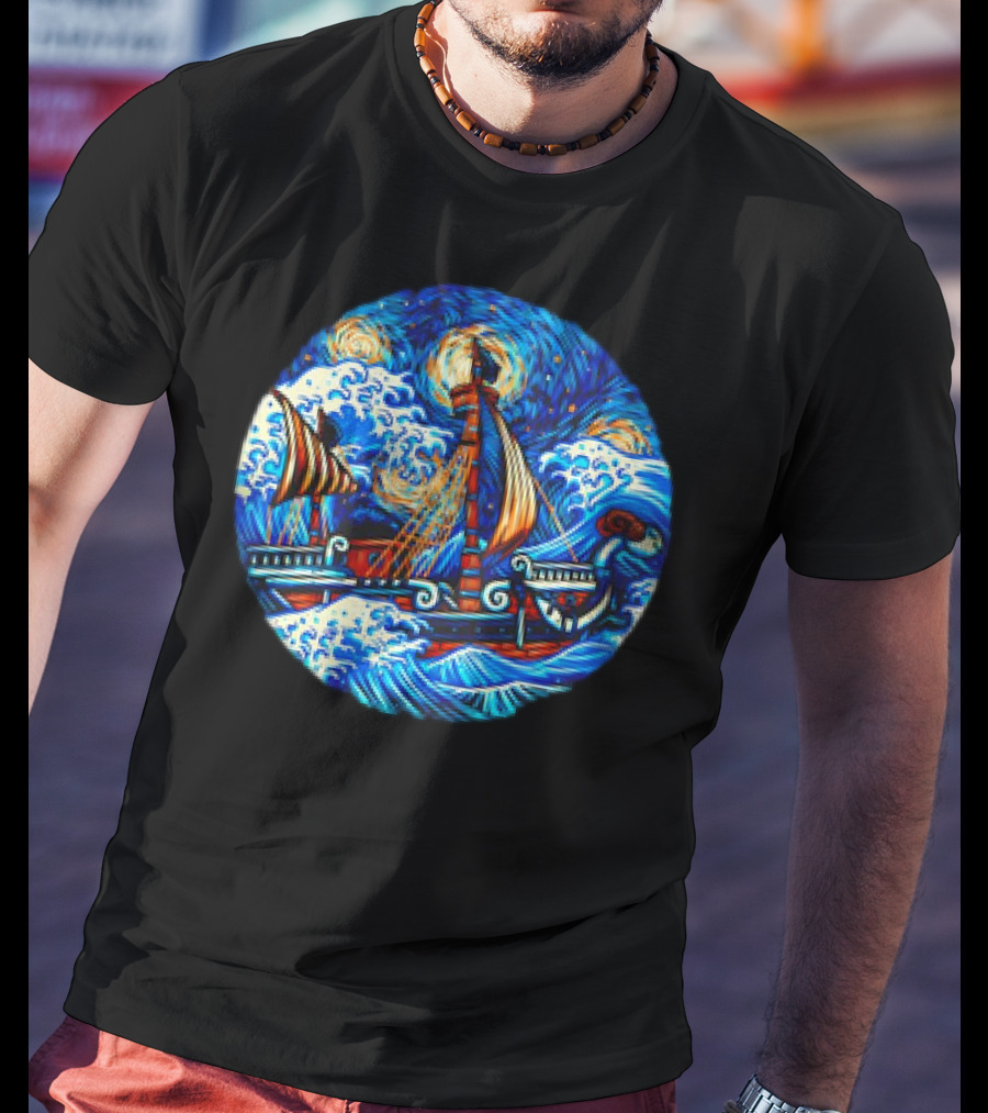 Going Merry One Piece Pirate Ship Van Gogh Wave T-Shirt