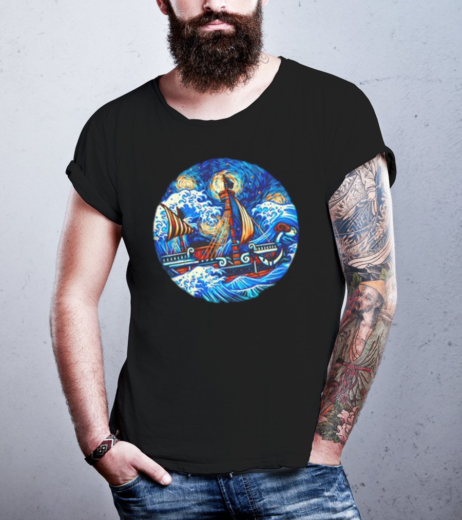 Going Merry One Piece Pirate Ship Van Gogh Wave T-Shirt