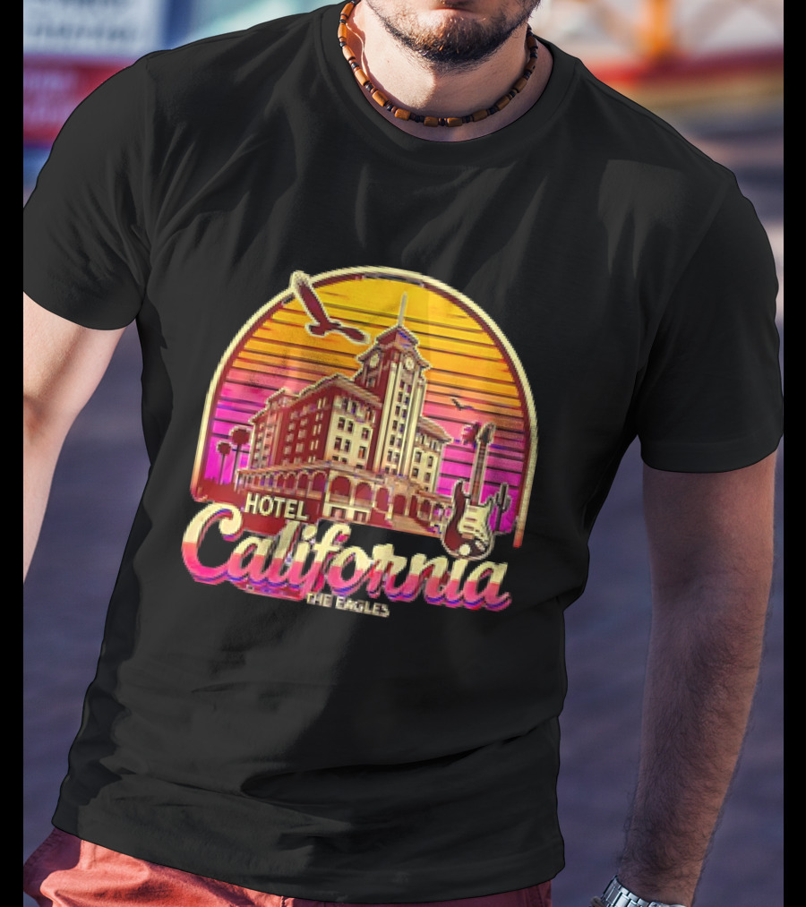 Hotel California The Eagles Sunset Art Deco Guitar And Seagulls T-Shirt