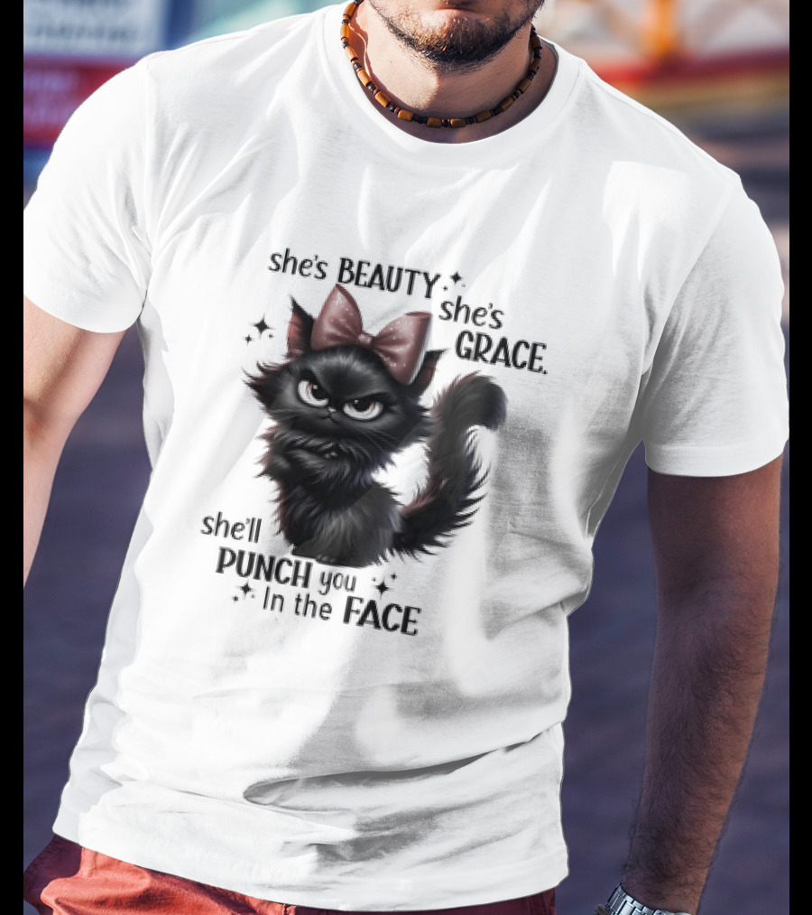 She's Beauty She's Grace She'll Punch You In The Face Black Cat With Bow And Sparkles T-Shirt