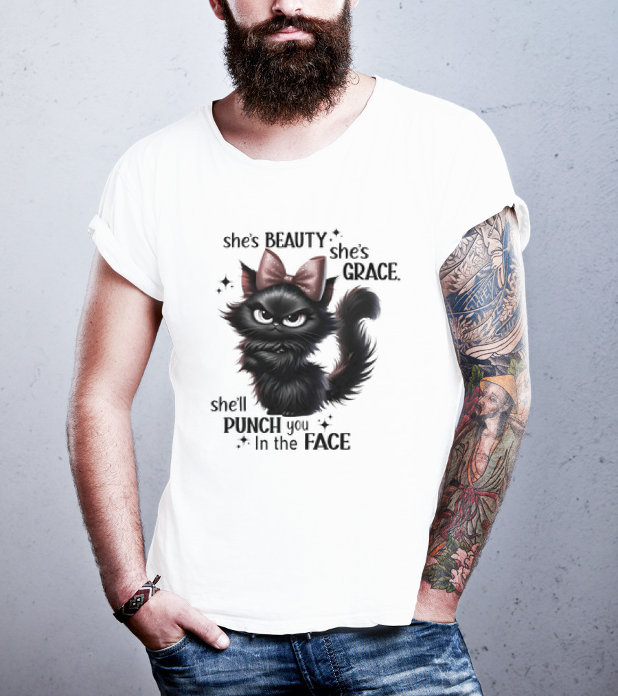 She's Beauty She's Grace She'll Punch You In The Face Black Cat With Bow And Sparkles T-Shirt