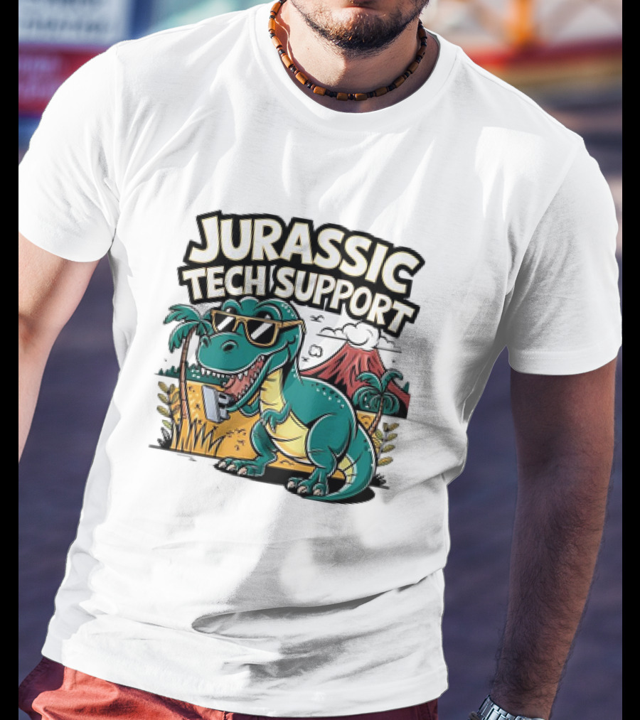 Jurassic Tech Support Dinosaur With Sunglasses And Volcano T-Shirt