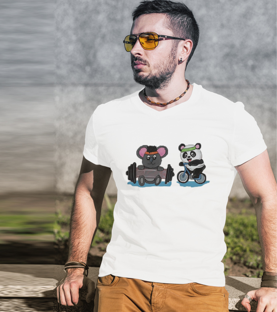 Koala Lifting Weights And Panda Riding Bicycle Together T-Shirt