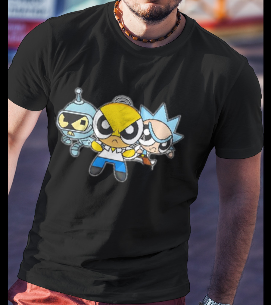 Bender Homer Rick Powerpuff Girls Drunkenpuff Guys Crossover T-Shirt