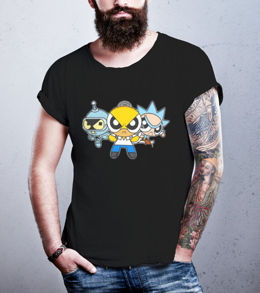 Bender Homer Rick Powerpuff Girls Drunkenpuff Guys Crossover T-Shirt