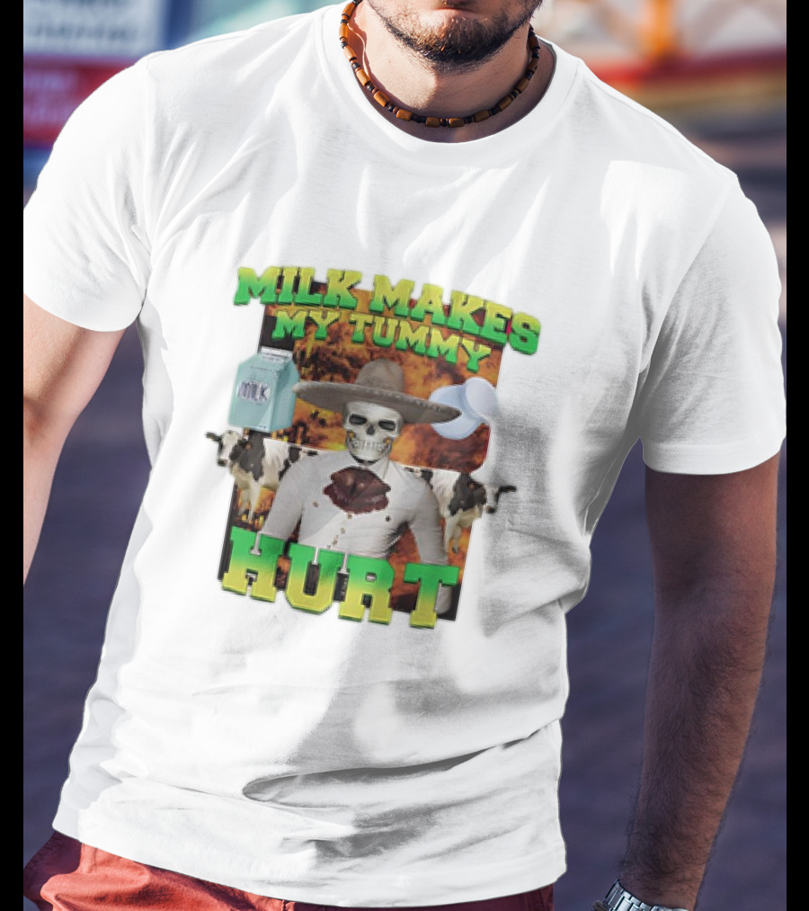 Milk Makes My Tummy Hurt Skeleton Cowboy Meme With Milk Jug And Cows T-Shirt