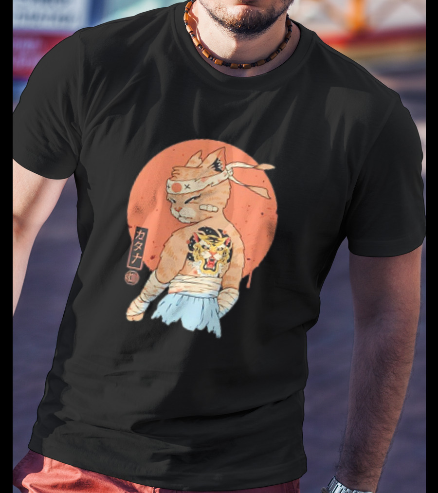 Samurai Cat Katana Battle Damage Japanese Tiger Tattoo T-Shirt