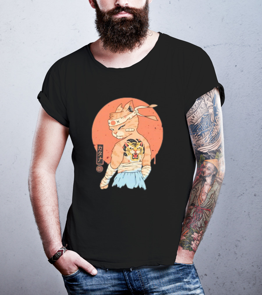 Samurai Cat Katana Battle Damage Japanese Tiger Tattoo T-Shirt