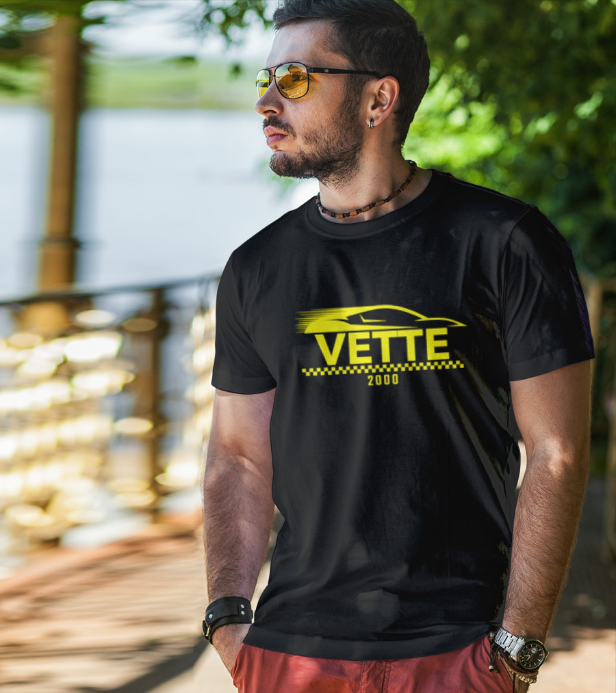 Vette 2000 Sports Car Yellow Silhouette And Checkered Stripe T-Shirt