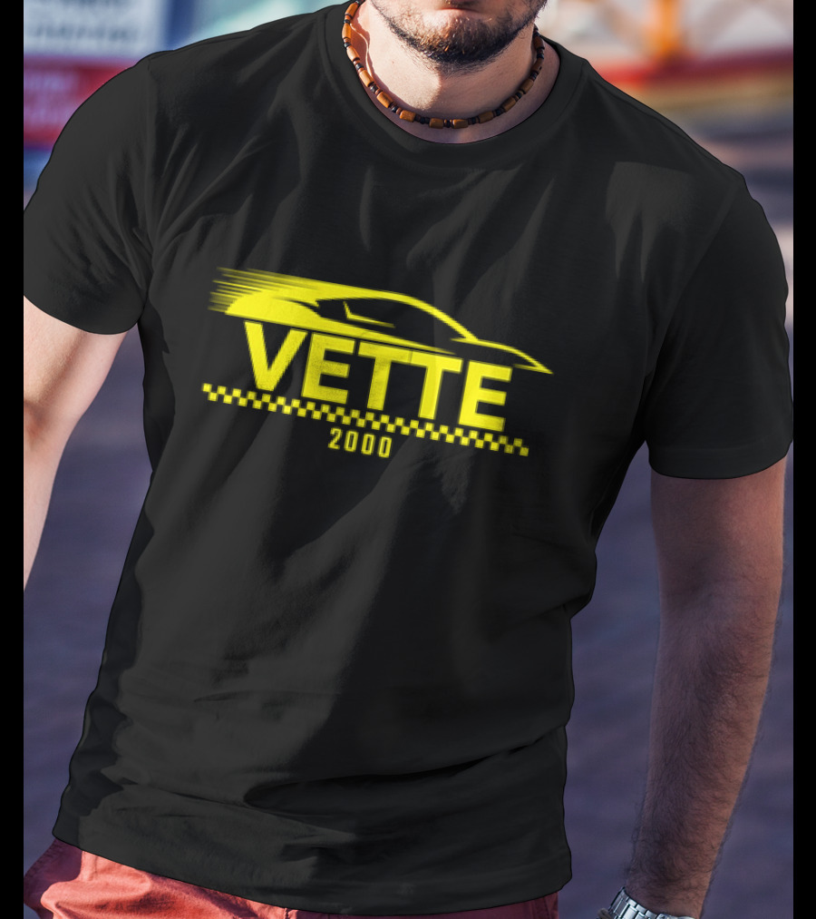 Vette 2000 Sports Car Yellow Silhouette And Checkered Stripe T-Shirt