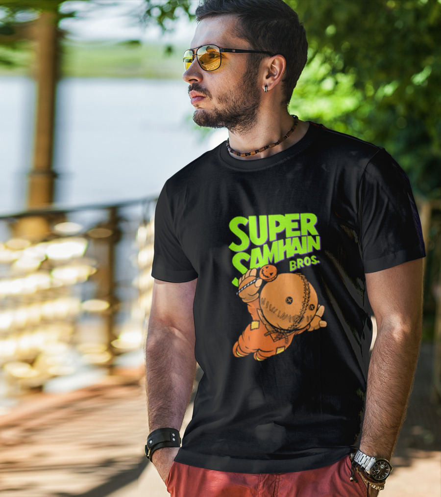 Super Samhain Bros Trick ‘r Treat Sam Icon In Pumpkin Suit With Green And Orange Highlights T-Shirt
