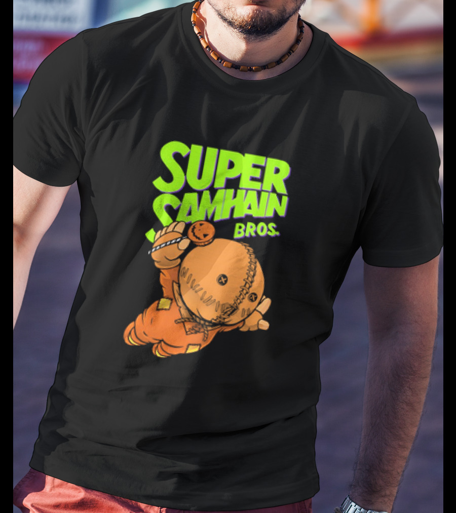 Super Samhain Bros Trick ‘r Treat Sam Icon In Pumpkin Suit With Green And Orange Highlights T-Shirt