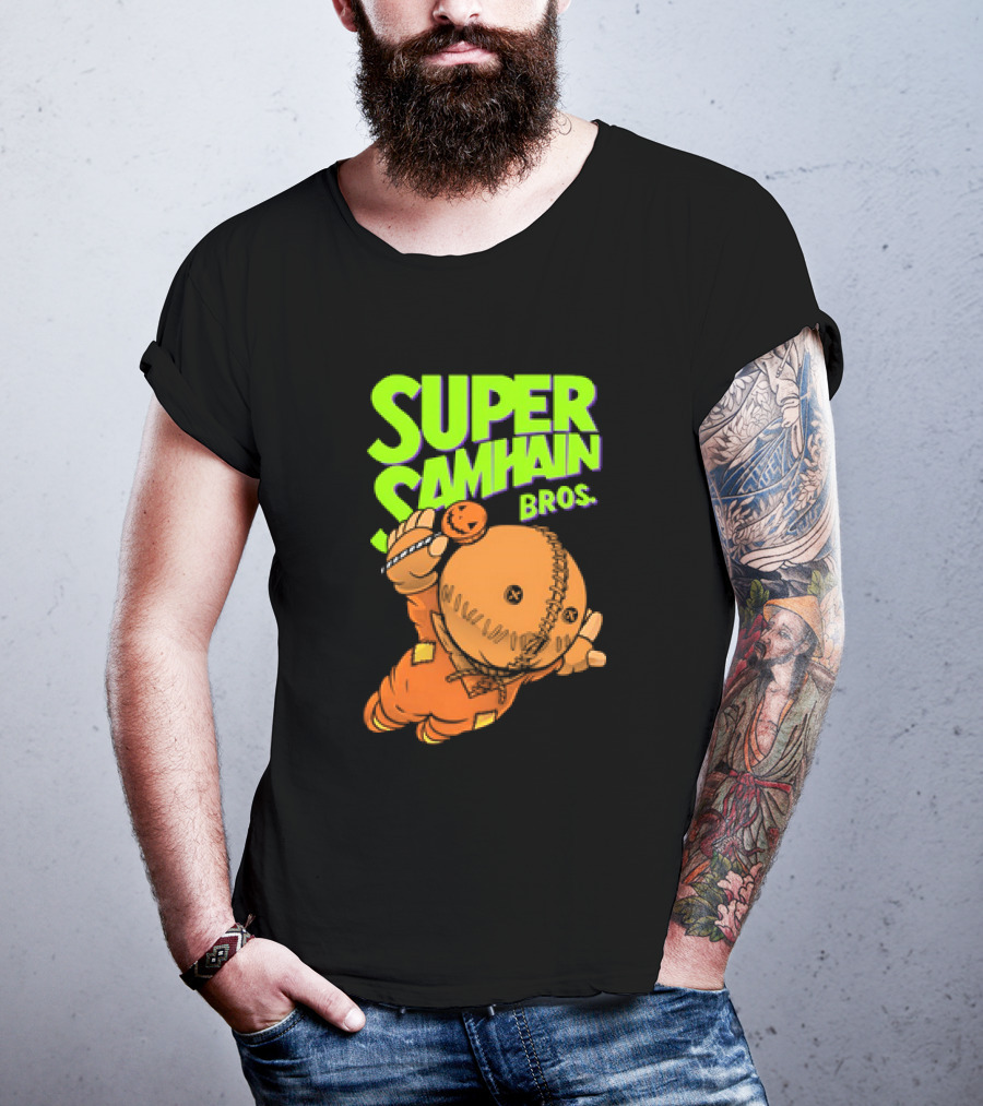 Super Samhain Bros Trick ‘r Treat Sam Icon In Pumpkin Suit With Green And Orange Highlights T-Shirt