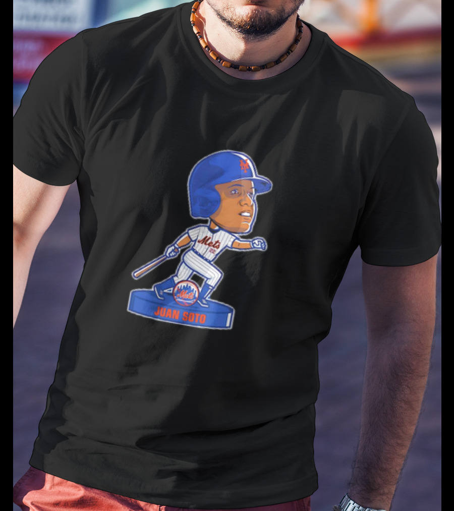 Juan Soto New York Mets Bobblehead Cartoon Mets Logo Baseball T-Shirt