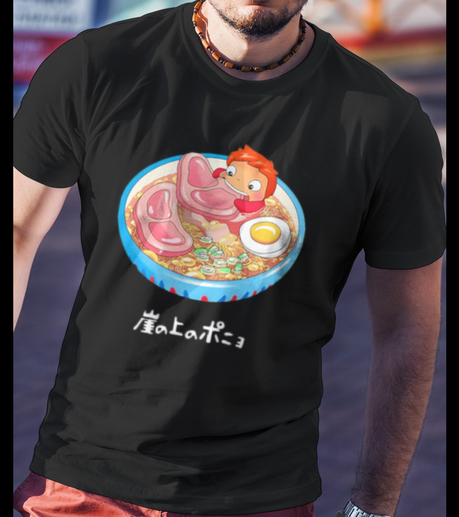 Ponyo Swims In Ramen Bowl With Egg And Noodles Japanese Text T-Shirt