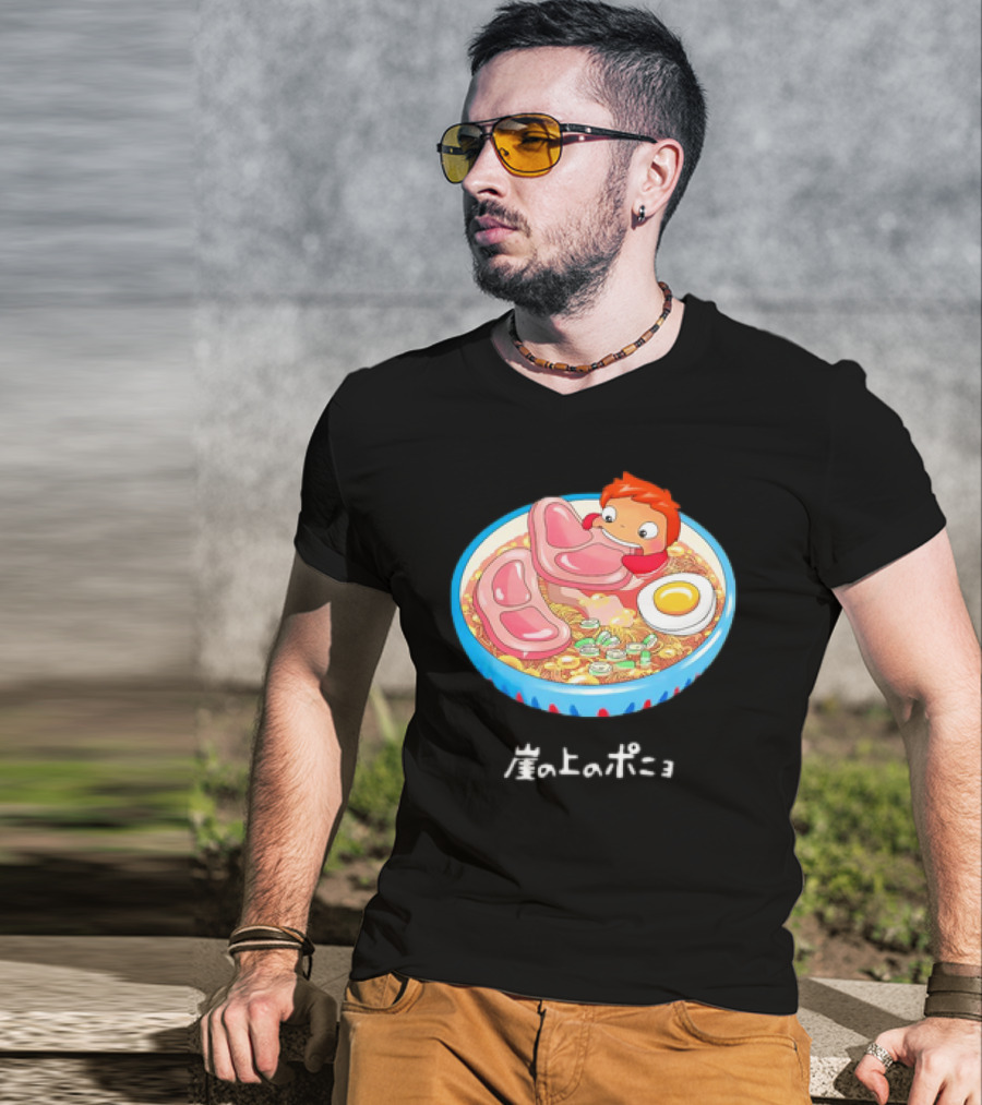 Ponyo Swims In Ramen Bowl With Egg And Noodles Japanese Text T-Shirt