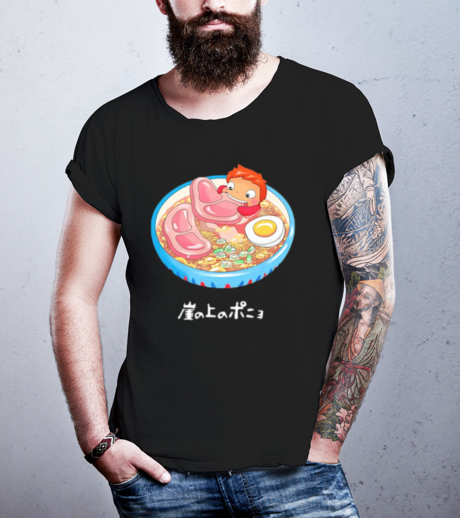 Ponyo Swims In Ramen Bowl With Egg And Noodles Japanese Text T-Shirt