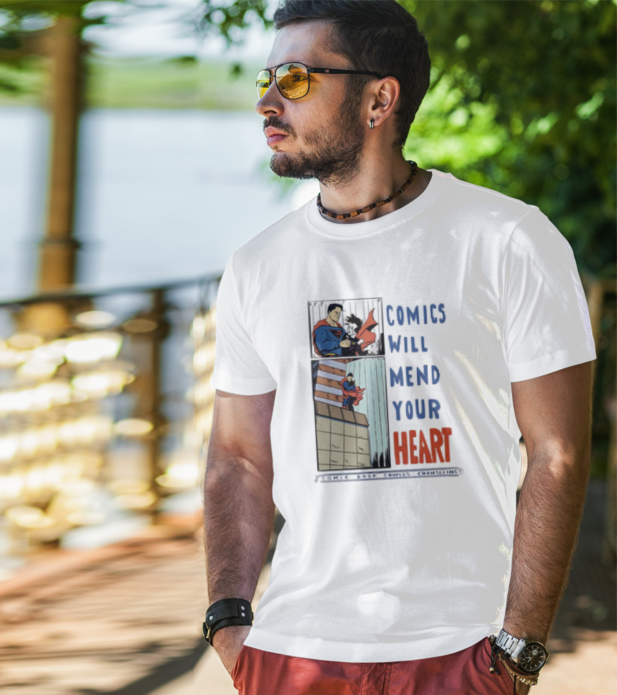 Comics Will Mend Your Heart Comic Book Couples Counseling Iconic Characters Embrace T-Shirt