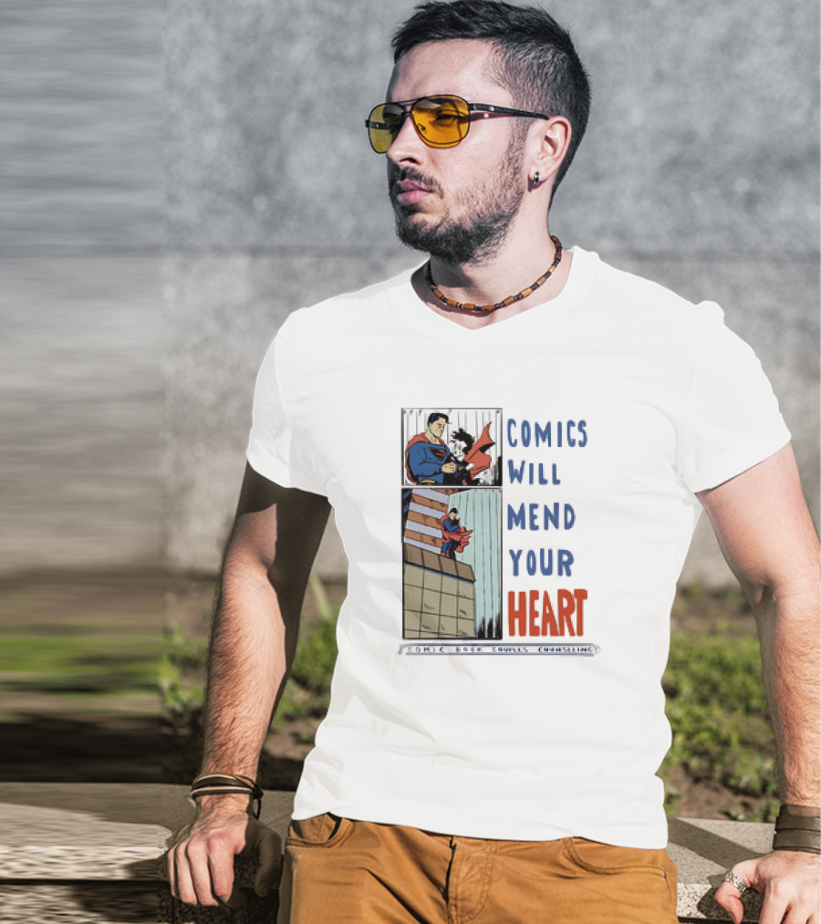 Comics Will Mend Your Heart Comic Book Couples Counseling Iconic Characters Embrace T-Shirt