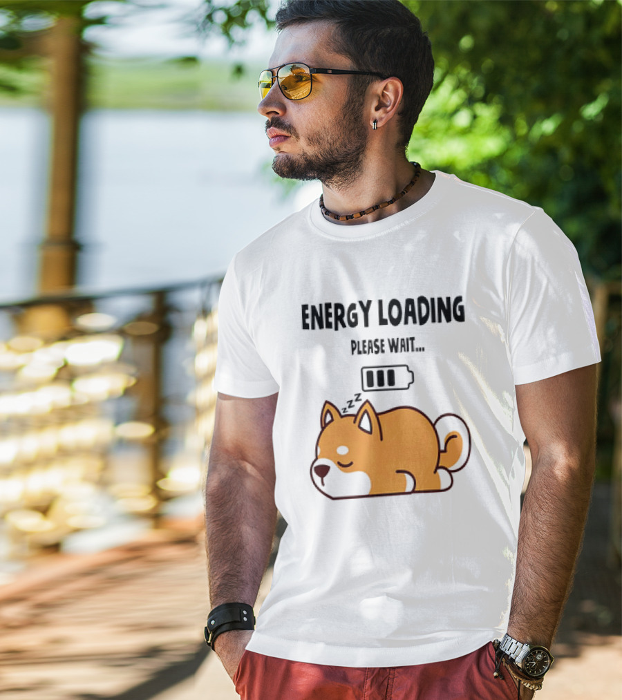 Shiba Inu Energy Loading Please Wait Battery Charging Sleepy Dog T-Shirt