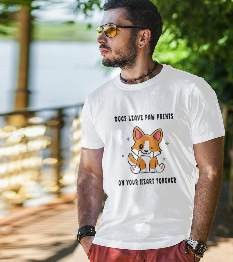 Dogs Leave Paw Prints On Your Heart Forever Shiba Inu Illustration With Bone And Stars T-Shirt