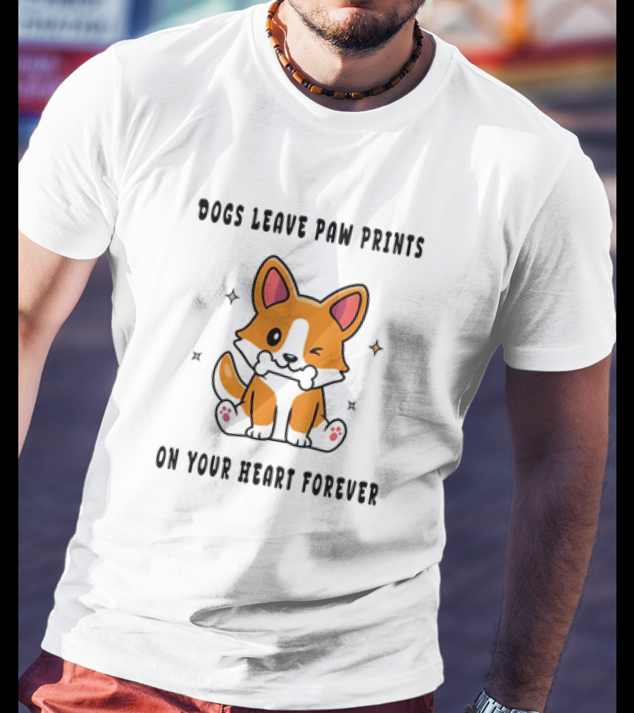 Dogs Leave Paw Prints On Your Heart Forever Shiba Inu Illustration With Bone And Stars T-Shirt