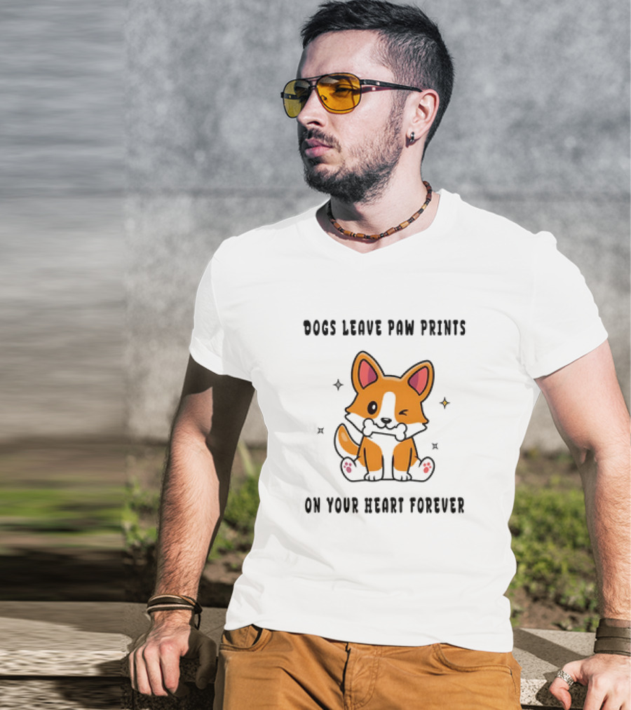 Dogs Leave Paw Prints On Your Heart Forever Shiba Inu Illustration With Bone And Stars T-Shirt