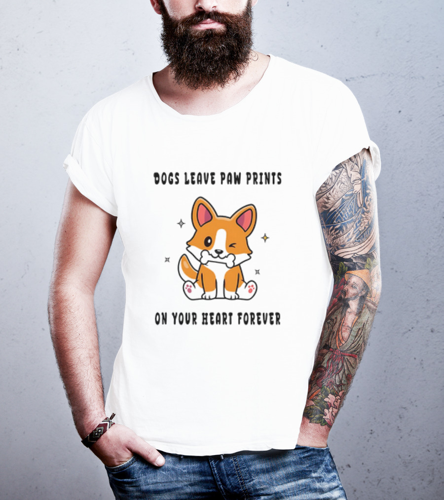 Dogs Leave Paw Prints On Your Heart Forever Shiba Inu Illustration With Bone And Stars T-Shirt