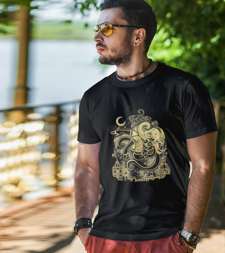 Gravity Rush Floating Cat And Girl In The Sky With Crescent Moon Cityscape T-Shirt