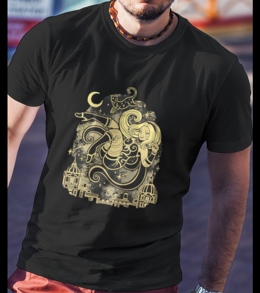 Gravity Rush Floating Cat And Girl In The Sky With Crescent Moon Cityscape T-Shirt