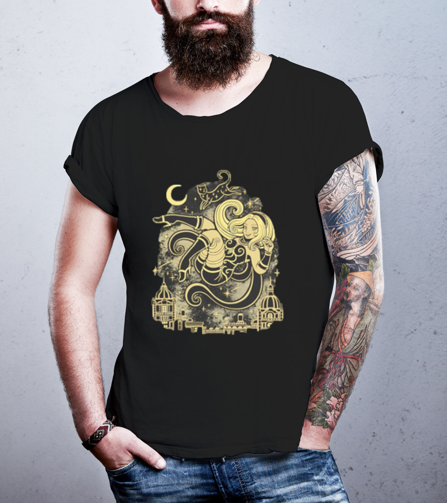 Gravity Rush Floating Cat And Girl In The Sky With Crescent Moon Cityscape T-Shirt