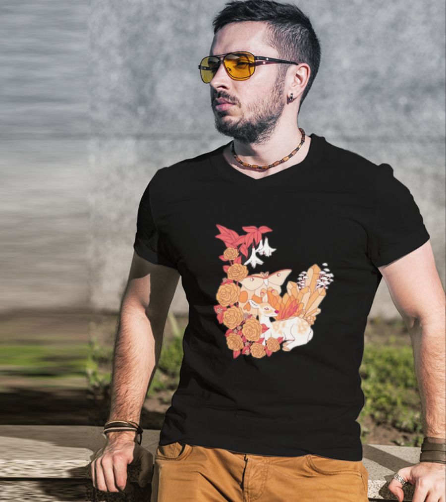 Mystical Forest Fawn Surrounded By Roses And Butterflies T-Shirt