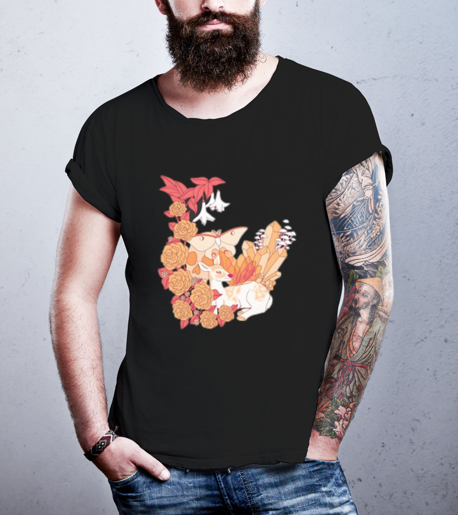 Mystical Forest Fawn Surrounded By Roses And Butterflies T-Shirt