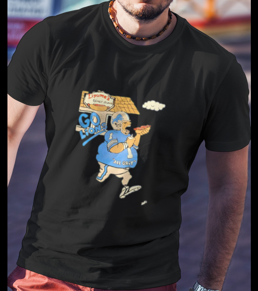 Lipuma’s Coney Island Go Lions All Grit Detroit Lions Football Player Eating Hot Dog T-Shirt