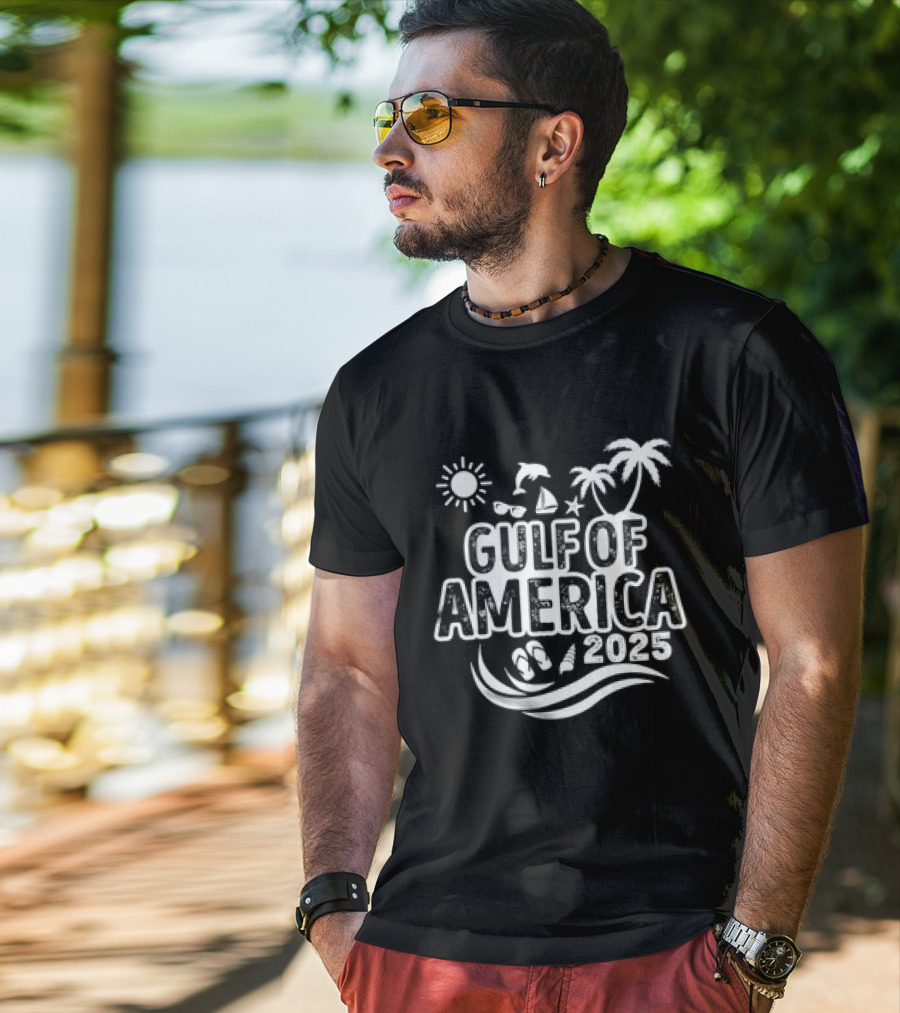 Gulf Of America 2025 Sun Palm Trees Dolphin Sailboat Sandals Waves T-Shirt
