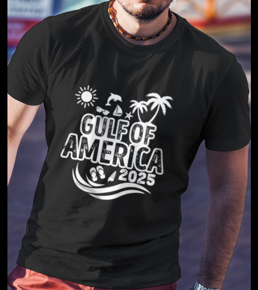 Gulf Of America 2025 Sun Palm Trees Dolphin Sailboat Sandals Waves T-Shirt