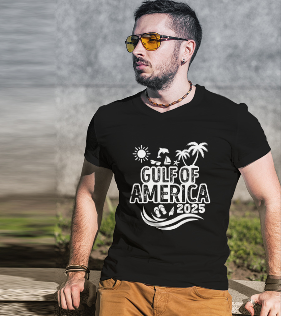 Gulf Of America 2025 Sun Palm Trees Dolphin Sailboat Sandals Waves T-Shirt