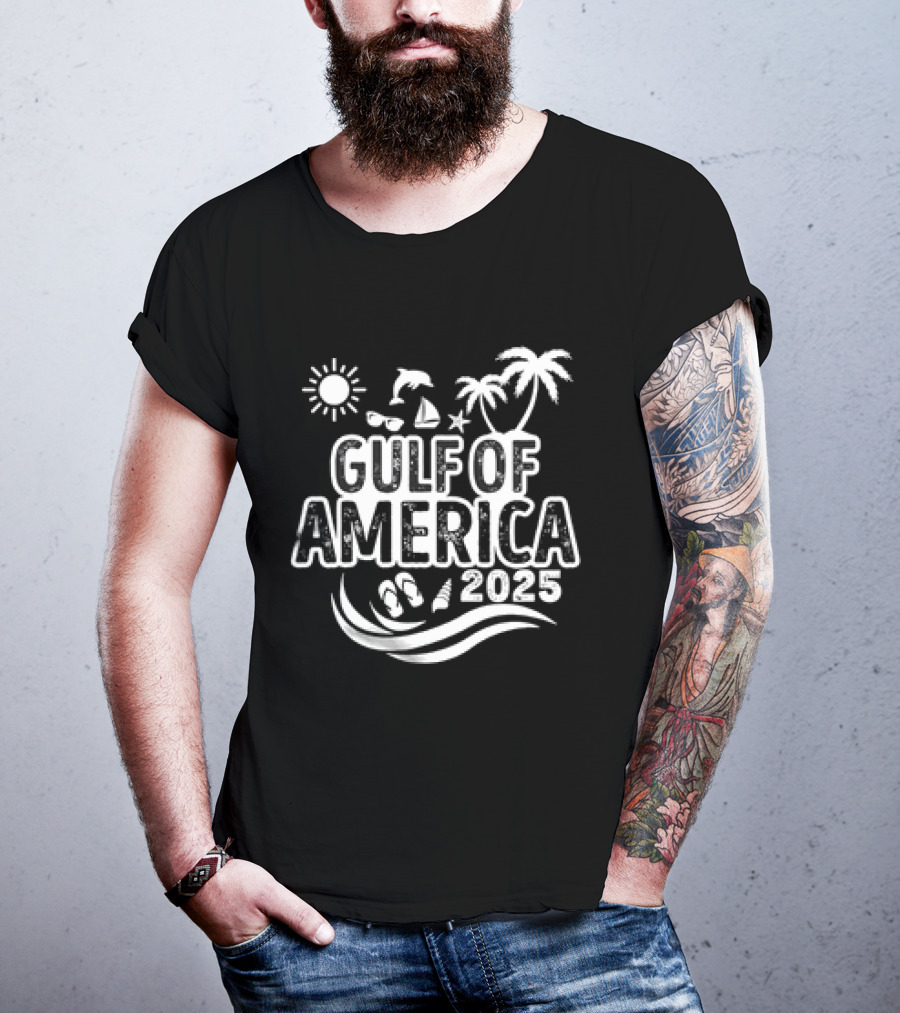 Gulf Of America 2025 Sun Palm Trees Dolphin Sailboat Sandals Waves T-Shirt