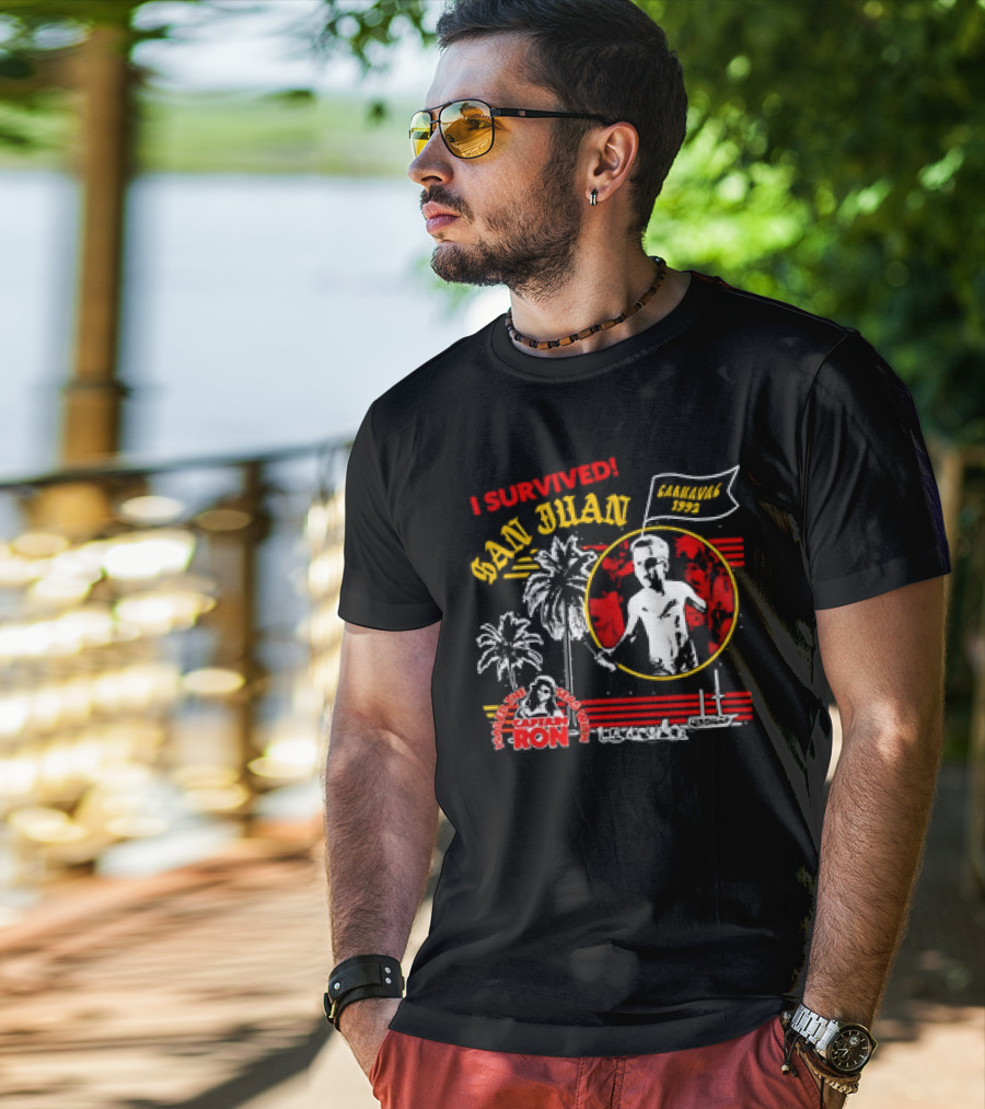 I Survived San Juan Carnaval 1992 Captain Ron Festival Palm Trees Ship Scene T-Shirt