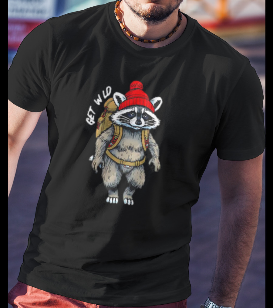 Get Wld Raccoon With Backpack And Red Beanie T-Shirt