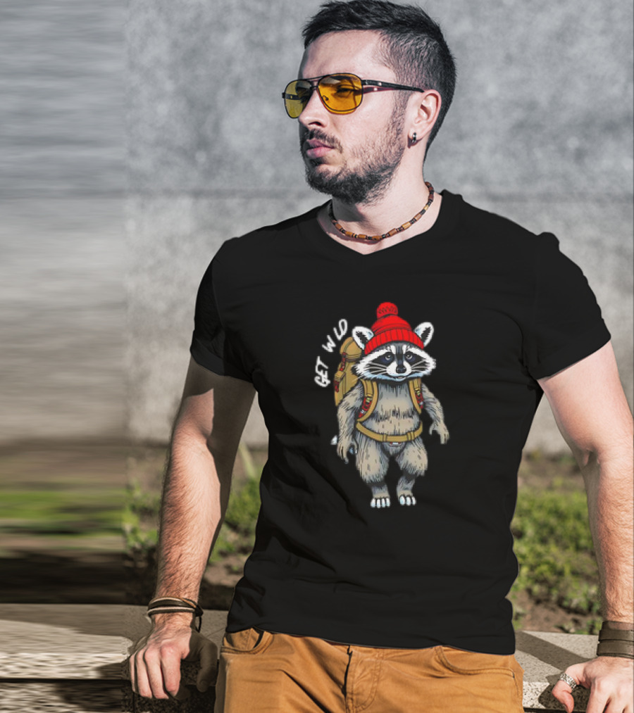 Get Wld Raccoon With Backpack And Red Beanie T-Shirt