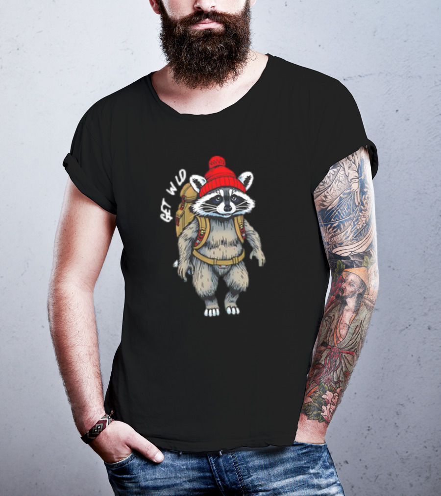 Get Wld Raccoon With Backpack And Red Beanie T-Shirt