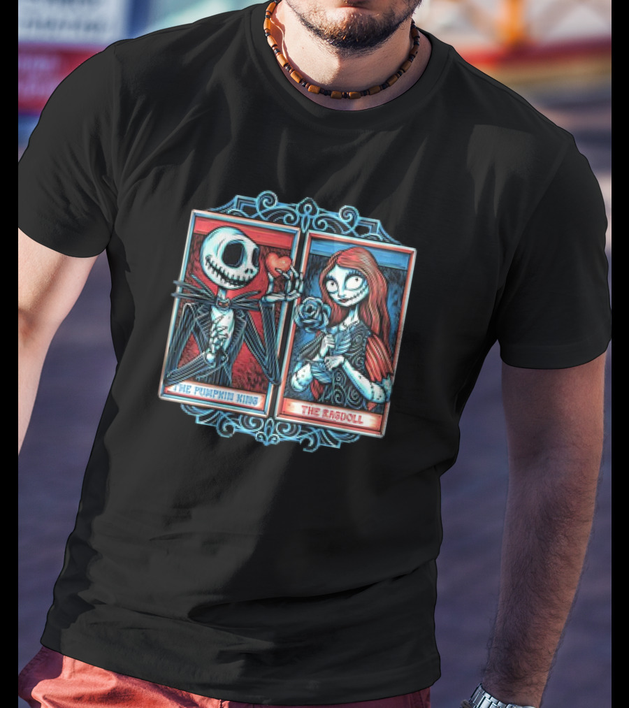Skeleton Romance Jack Skellington The Pumpkin King And Sally The Ragdoll Heart And Rose T-Shirt