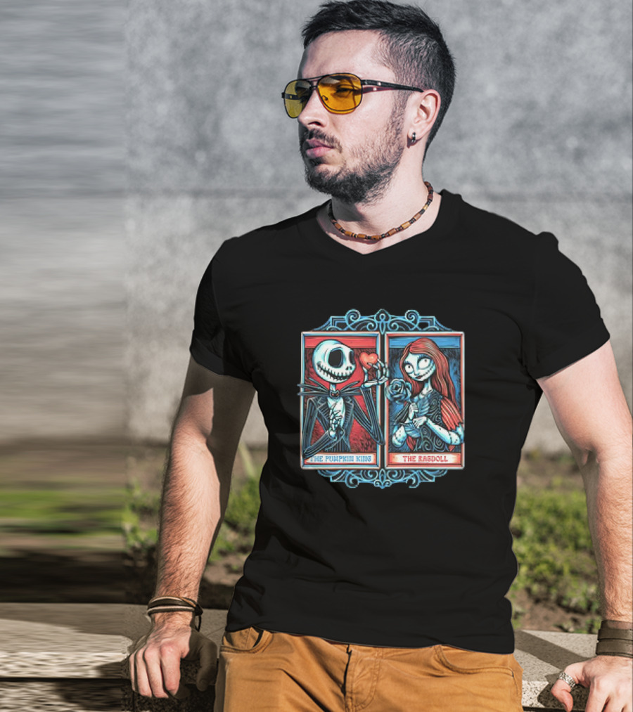 Skeleton Romance Jack Skellington The Pumpkin King And Sally The Ragdoll Heart And Rose T-Shirt