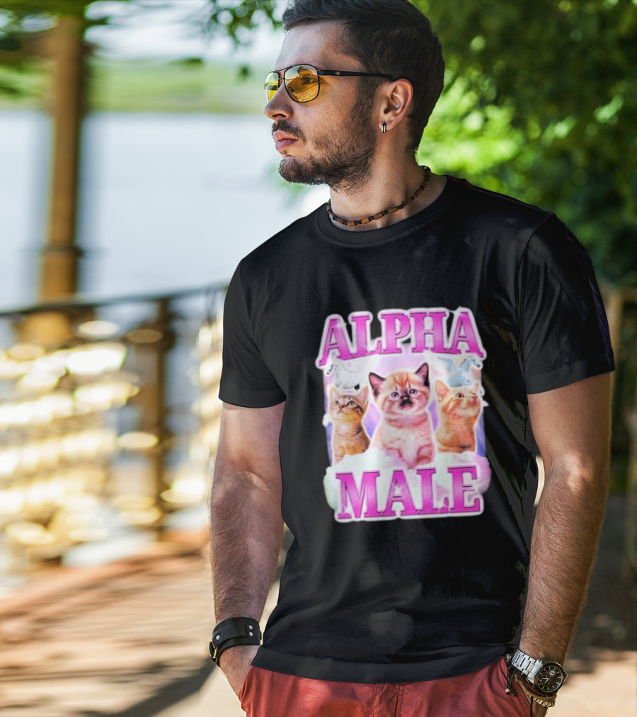 Alpha Male Cat Trio With Rainbow Unicorns And Clouds T-Shirt