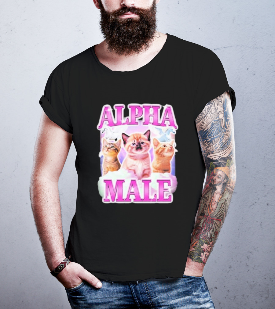 Alpha Male Cat Trio With Rainbow Unicorns And Clouds T-Shirt