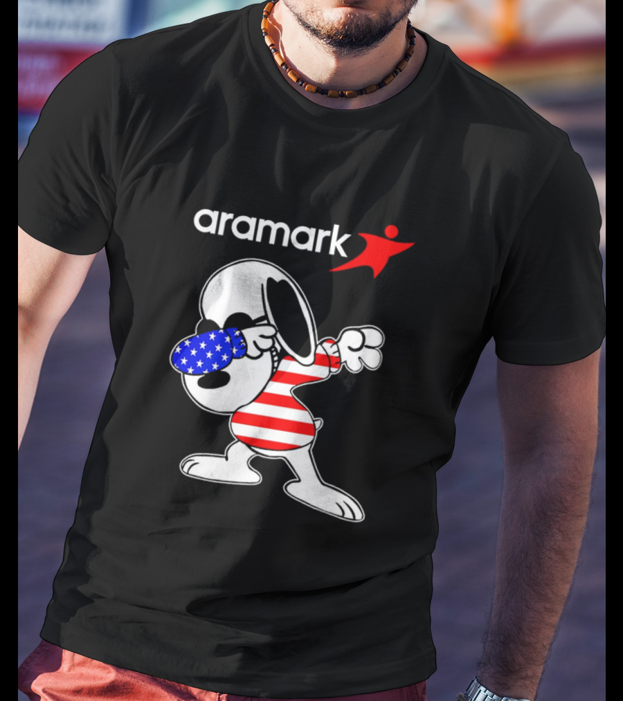 Aramark Snoopy Dabbing American Flag Red White Blue Character T-Shirt
